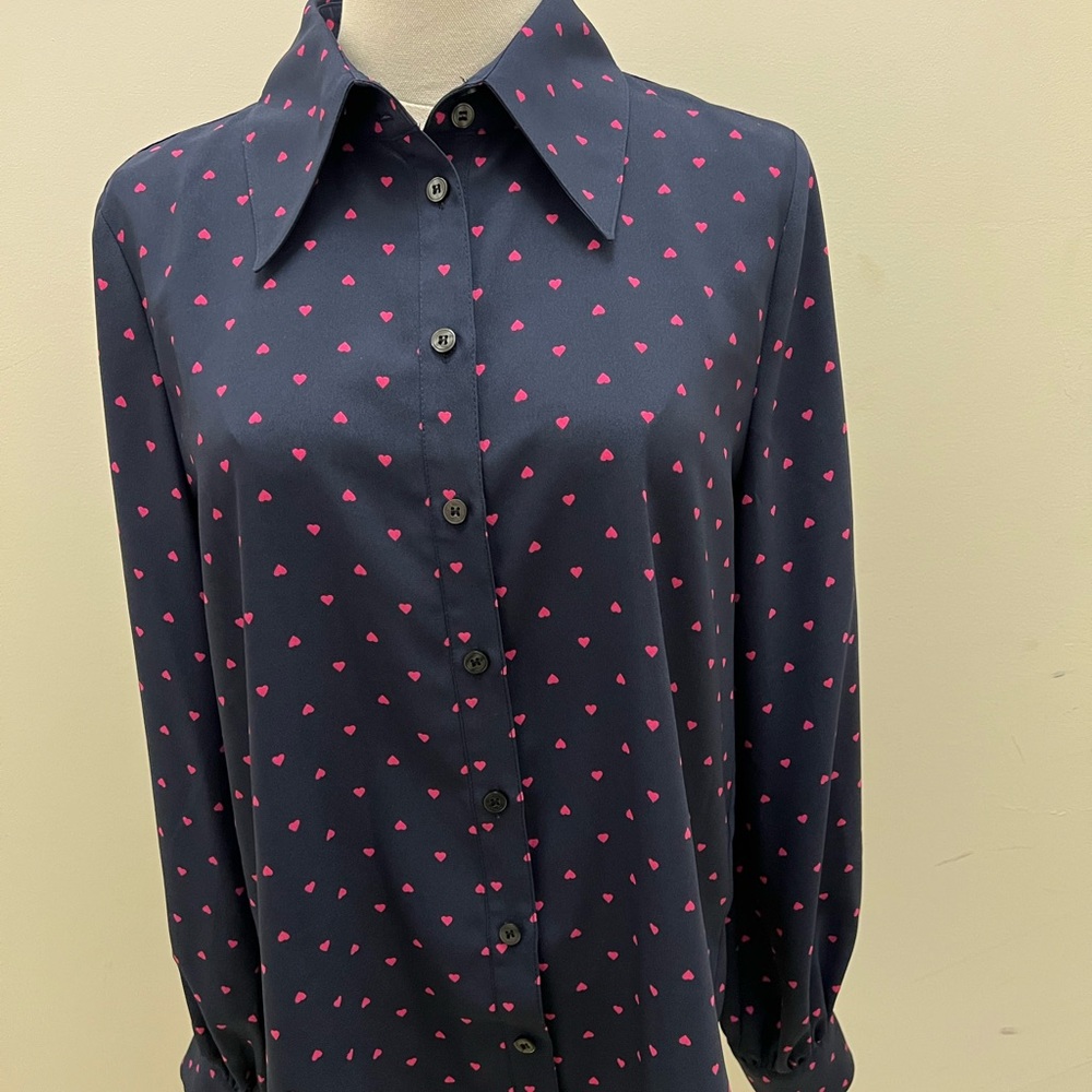 Halogen Ladies Navy Blue Button Blouse with Pink Heart Pattern Size Small